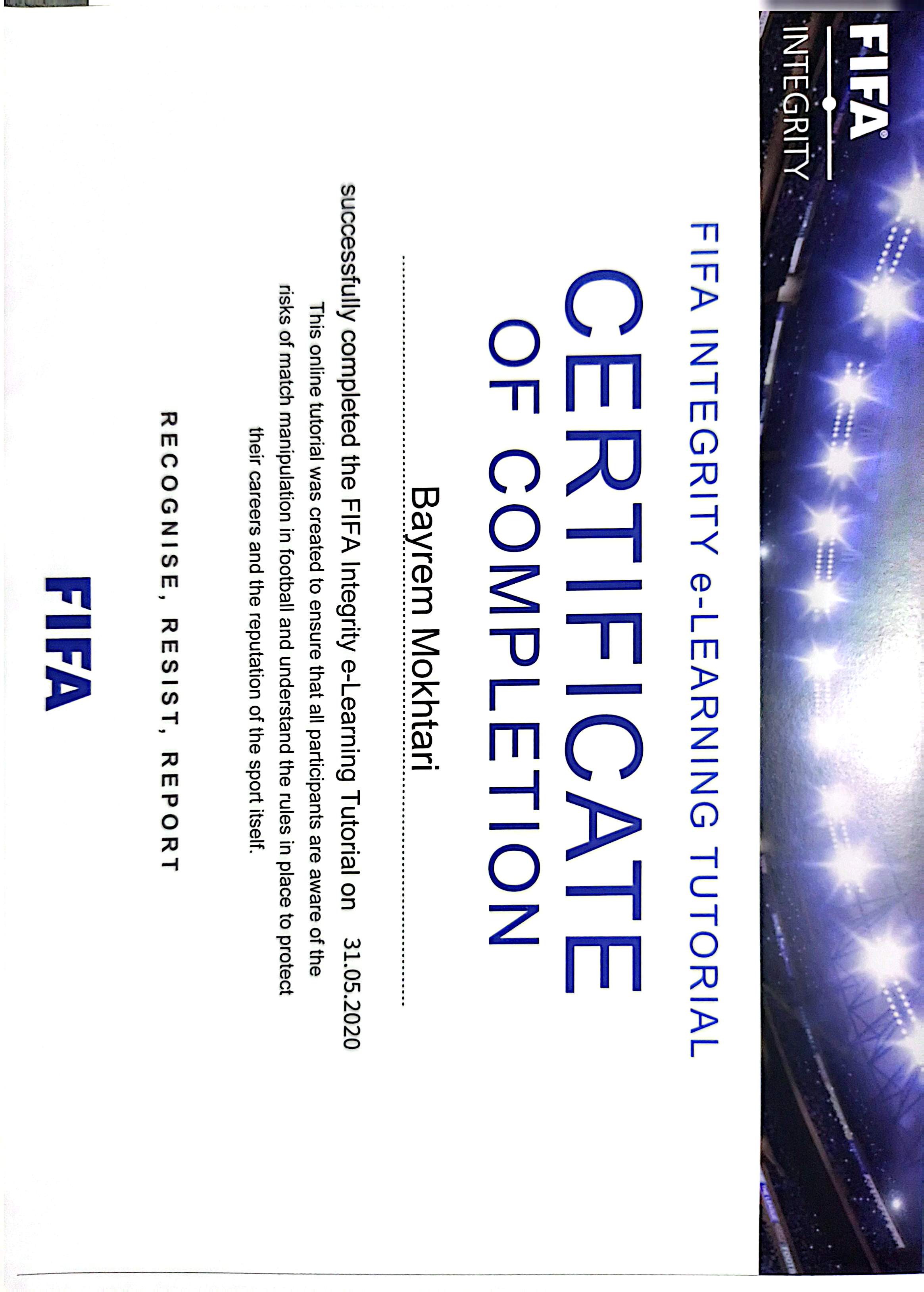 FIFA Integrity e-Learning — Certificate of Completion