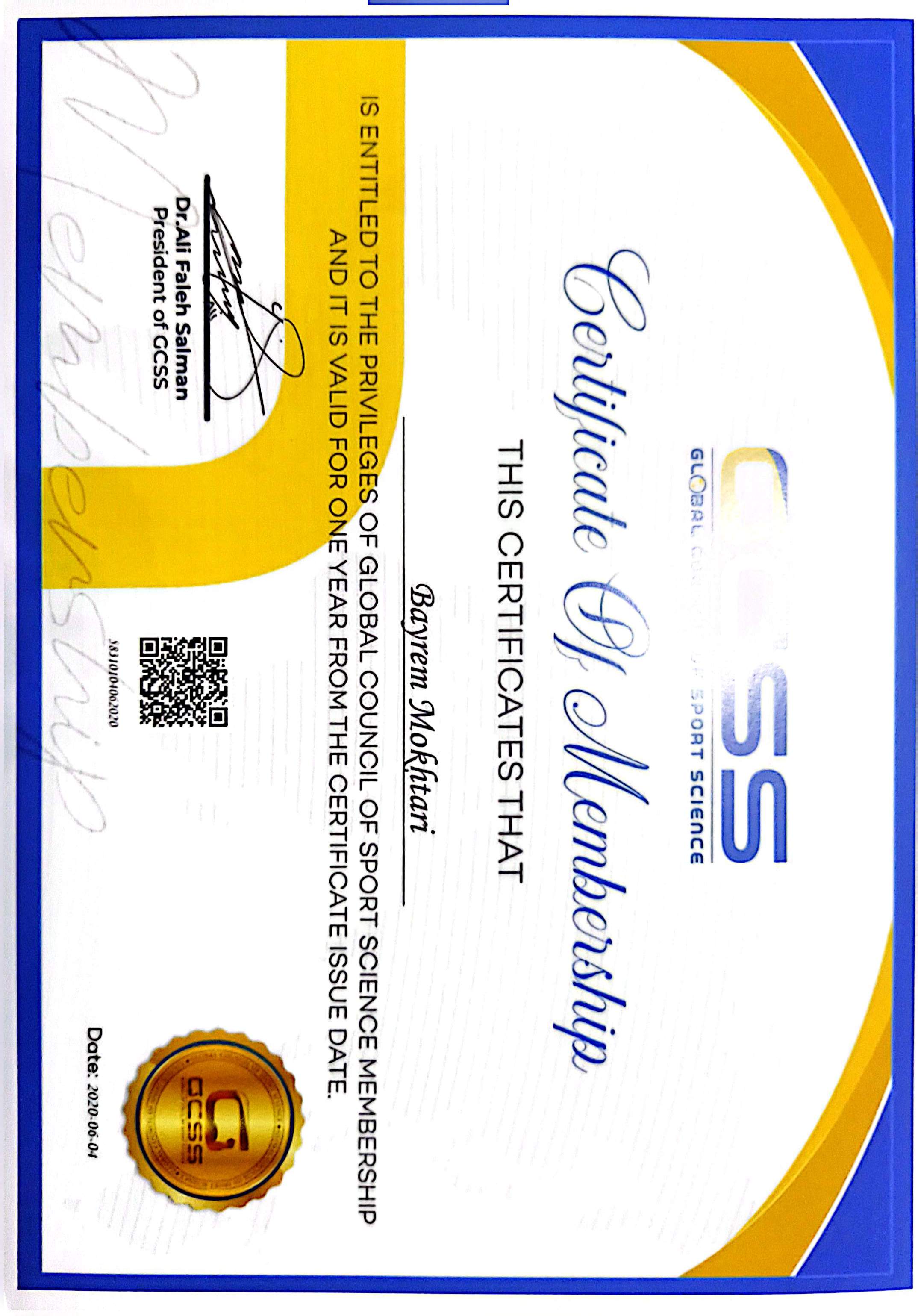 Membership Certificate — Global Council of Sport Science