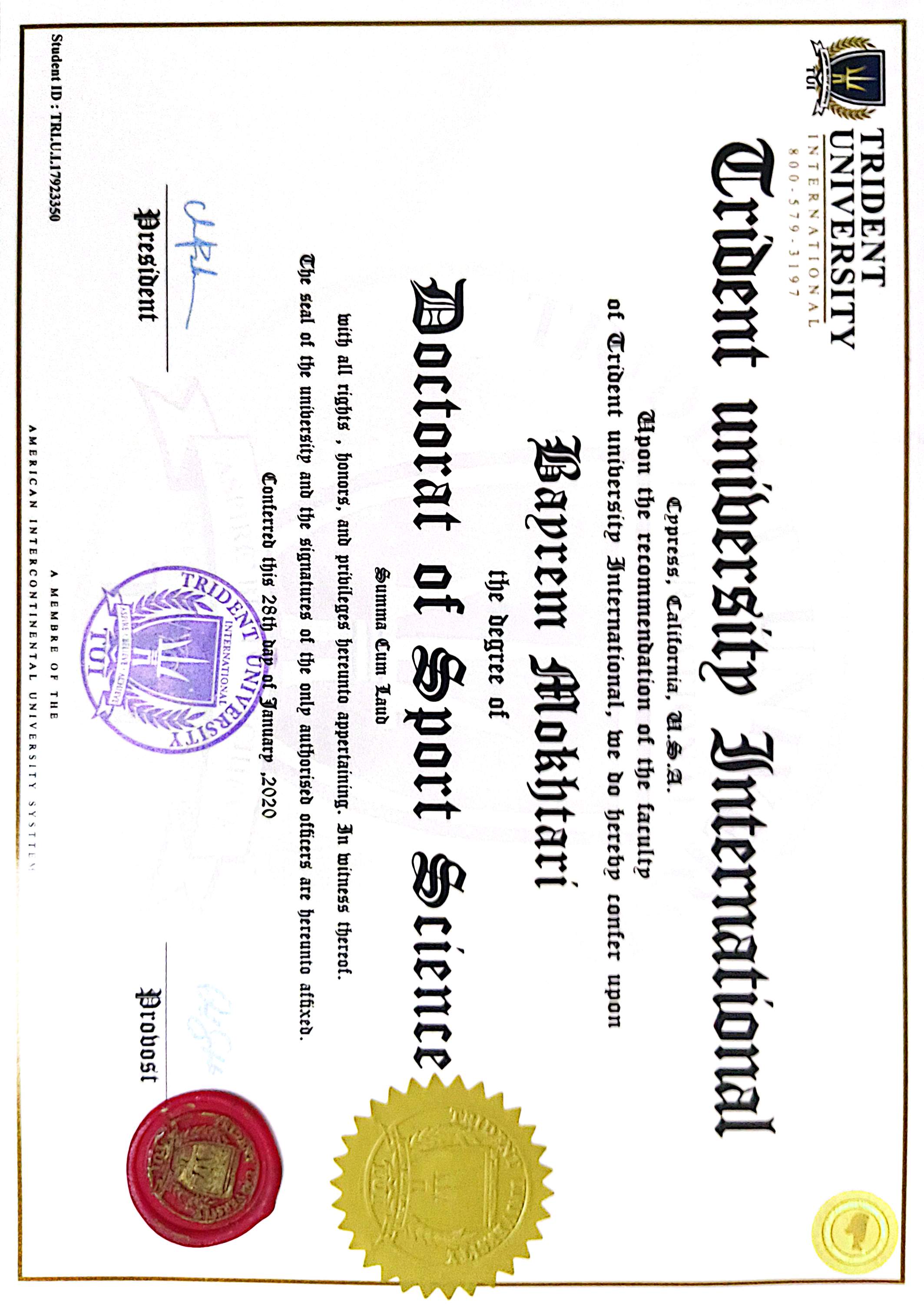 Doctorate of Sport Science — Trident University International (document title)
