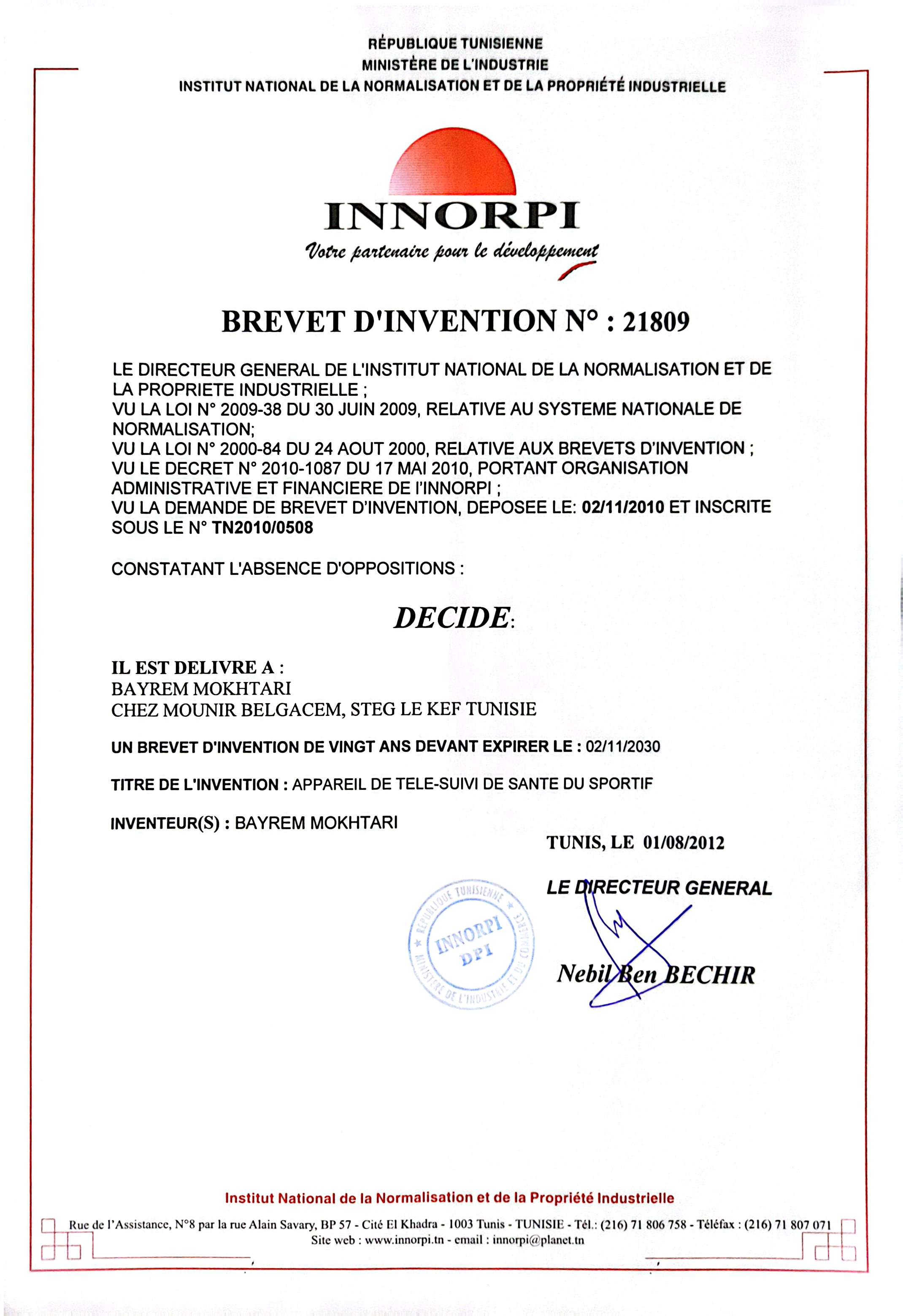 INNORPI Patent No. 21809 — Athlete Health Telemonitoring Device