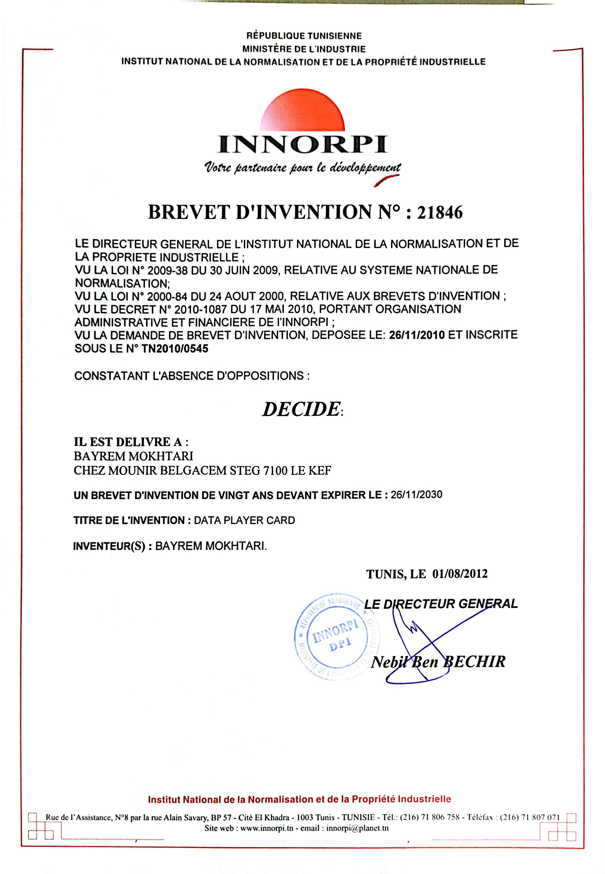INNORPI Patent No. 21846 — Data Player Card