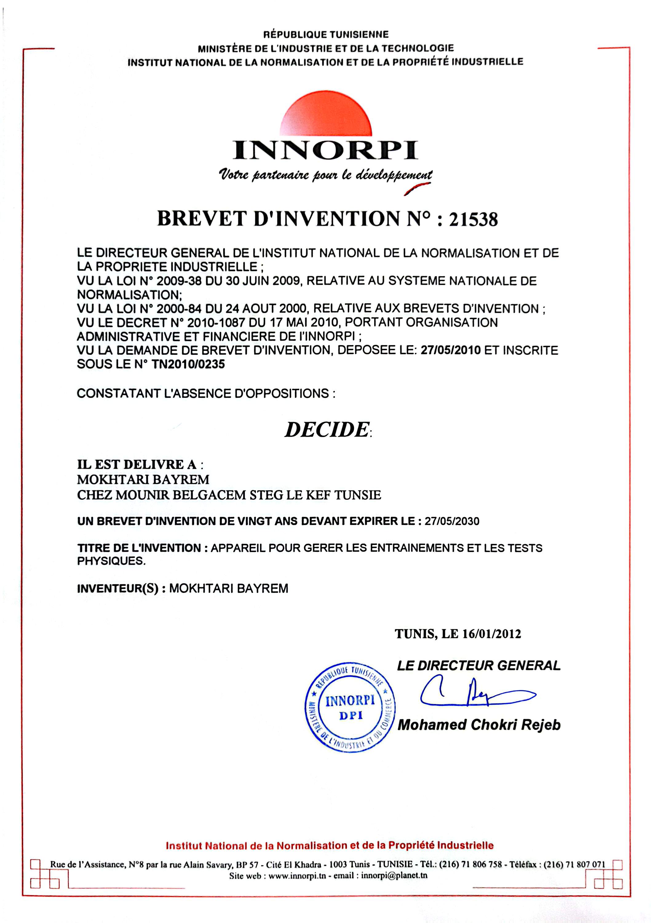 INNORPI Patent No. 21538 — Device for Managing Training and Tests